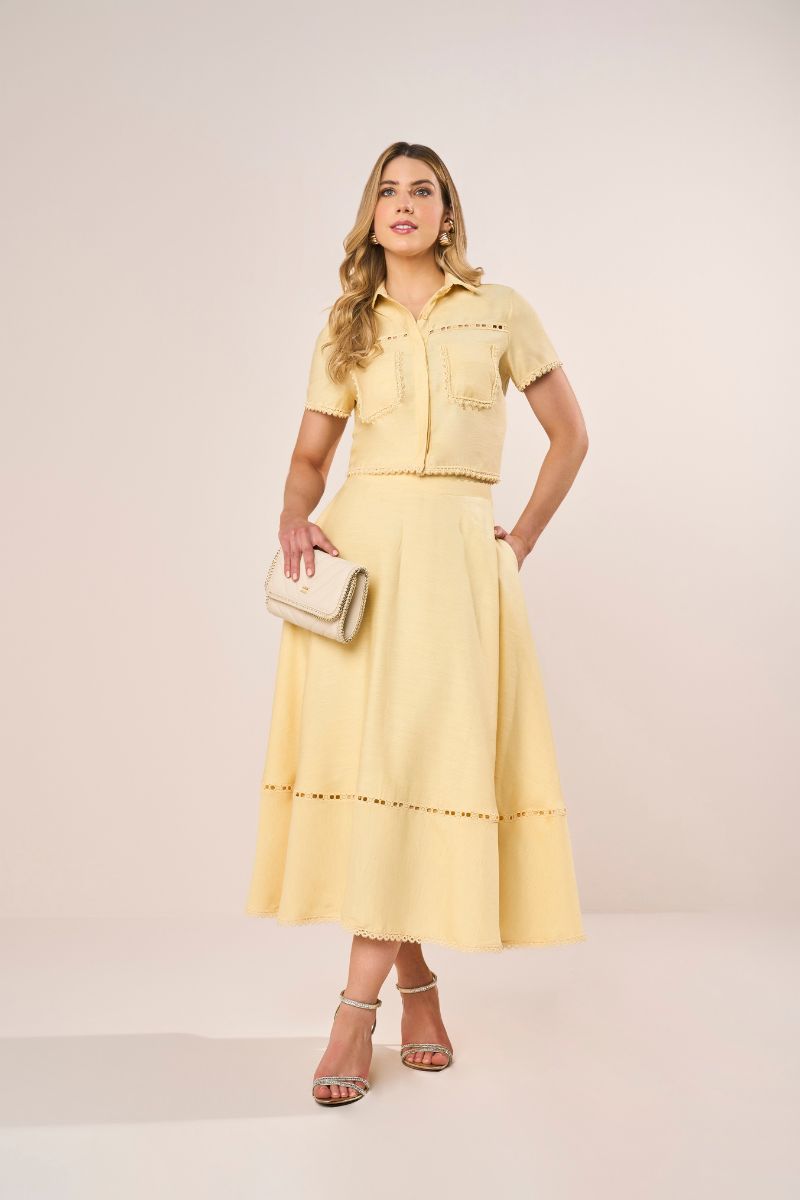 Conjunto Midi Godê Amarelo com Guipir e Bordados Artesanais