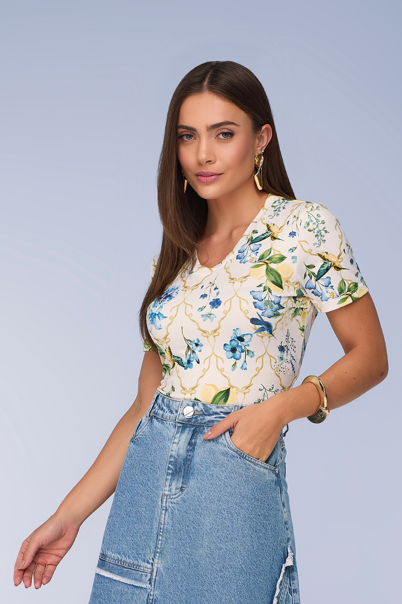 T-shirt Floral Off-white Decote V