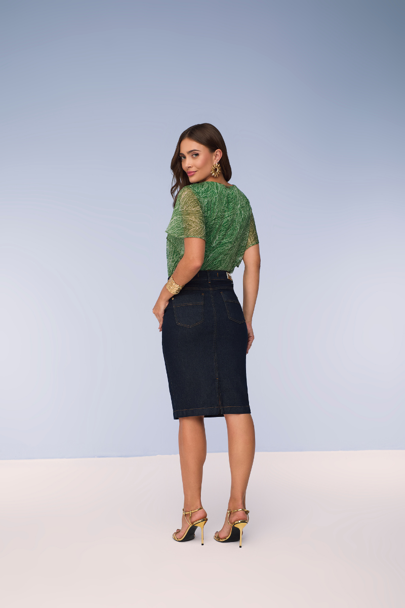 Saia Midi Jeans Azul Feminina