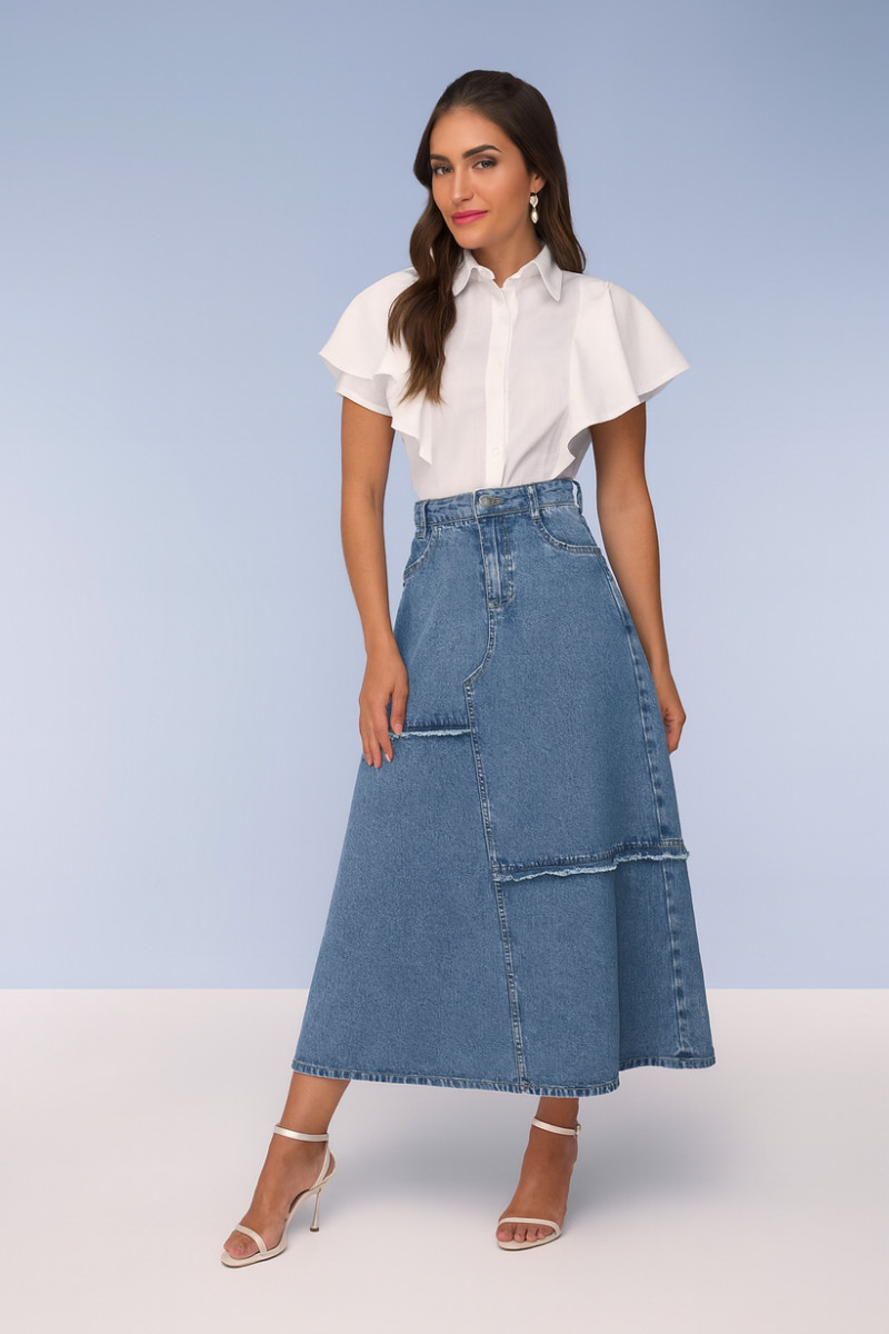 Saia Midi Jeans Evasê Recortes Desfiados