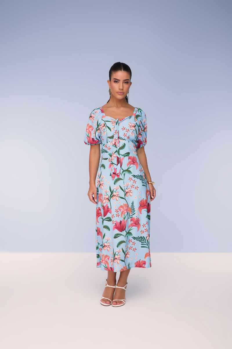 Vestido Midi Godê Crepe Azul Floral