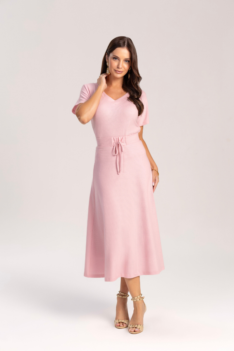 Conjunto Midi Evasê em Malha Rosa com Amarração