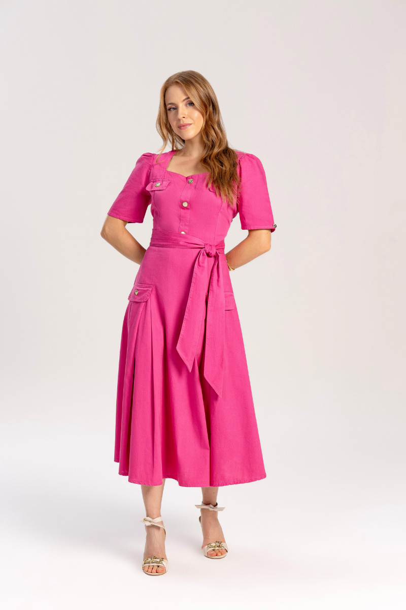 Vestido Midi Godê Pink em Sarja Leve