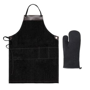 kit avental sarja modern preto e couro luva sarja preta