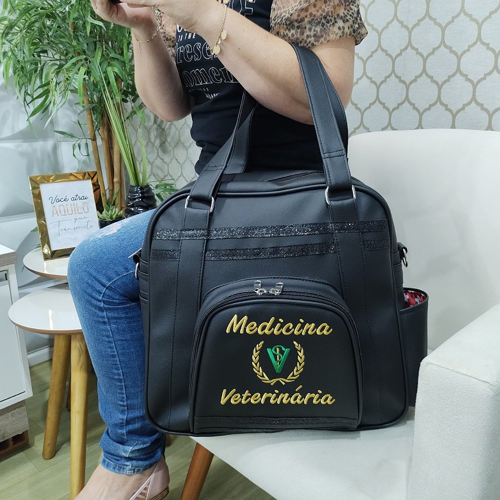 Bolsa Feminina Personalizada Preta com Brilho Profissão Medicina ...