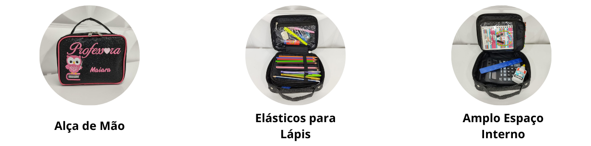 Estojo Box Grande Multifuncional Preto Brilho/Pink Professora para lápis/materiais - Coutre Bolsas