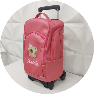 Mochila Escolar de Rodinhas Pink Personalizada Ursa – Coutre Bolsas