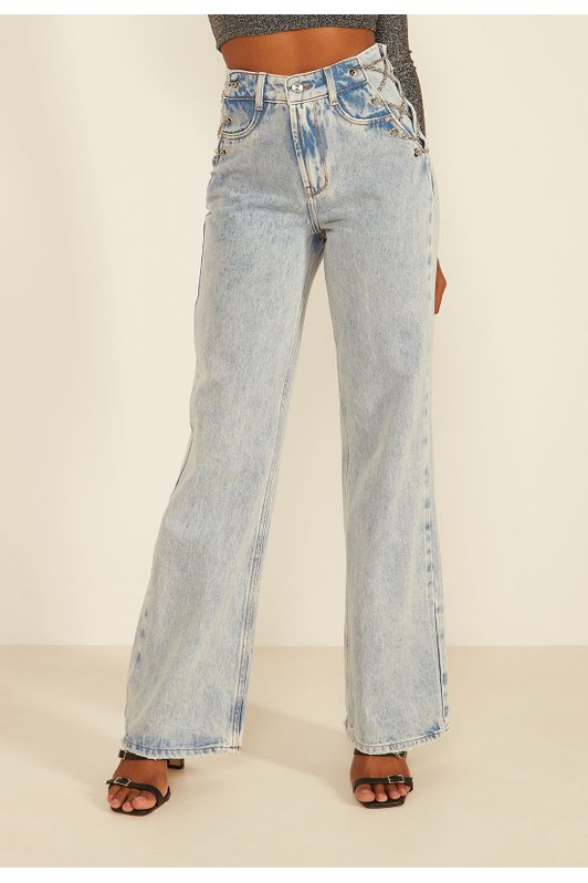 Calça Jeans Feminina Wide Leg Flare com Correntes Decorativas - DZ20075