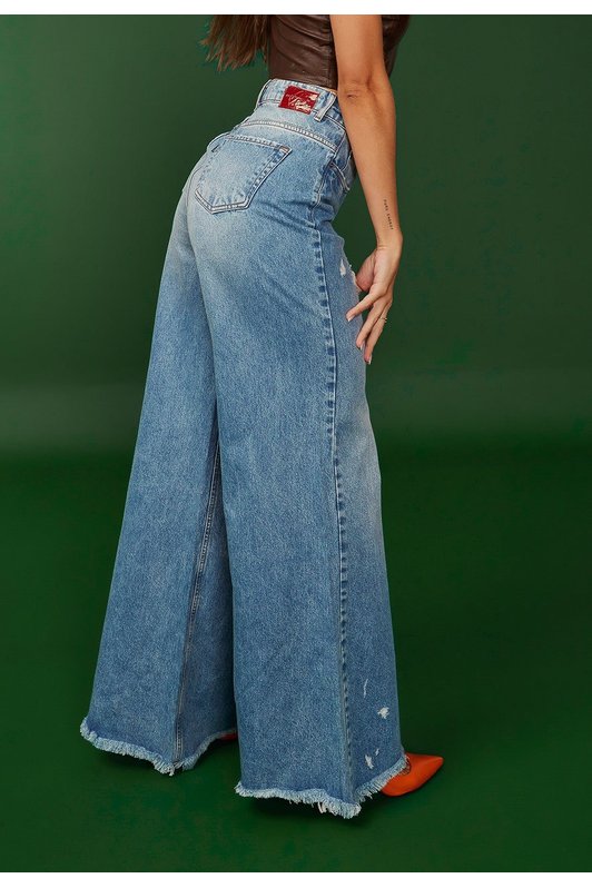Calça Jeans Feminina Moda Fashion Divine Jeans Pantalona Barra Desfiada