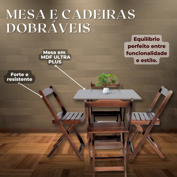 Mesa Dobrável 70x70 Com 4 Cadeiras De Madeira Dobrável Retrátil