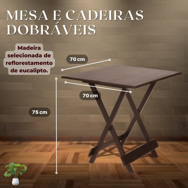 Mesa Dobrável 70x70 Com 4 Cadeiras De Madeira Dobrável Retrátil