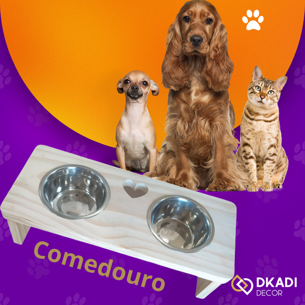 Comedouro Duplo Para Cachorro E Gato Pinus Com Pote Inox - G