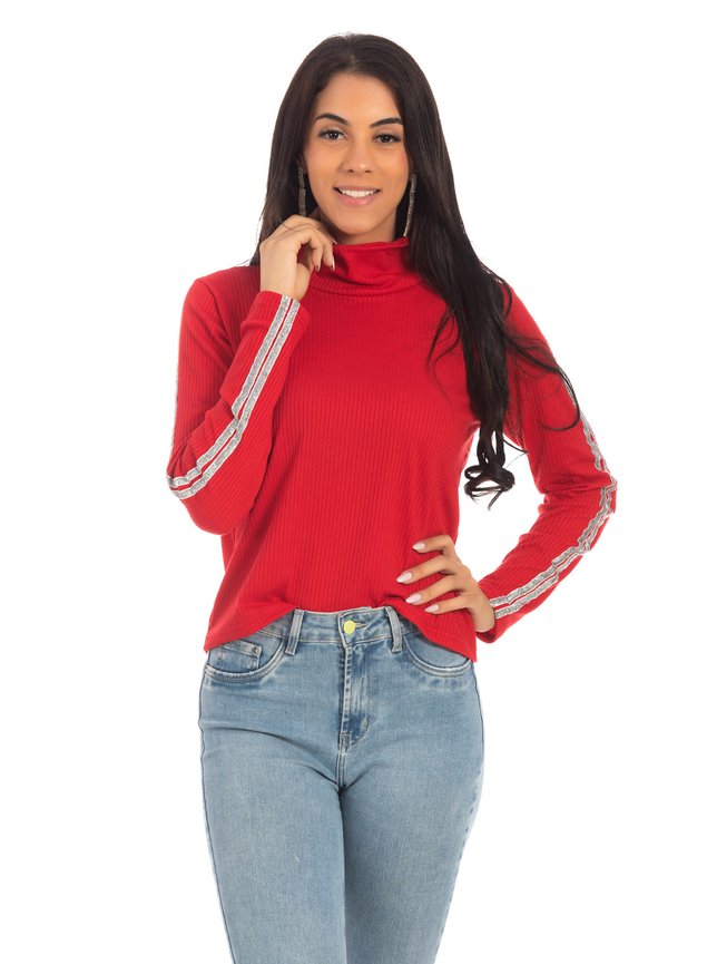 Blusa Canelada Manga Em Brilho E Gola Alta Feminino Day Vermelho