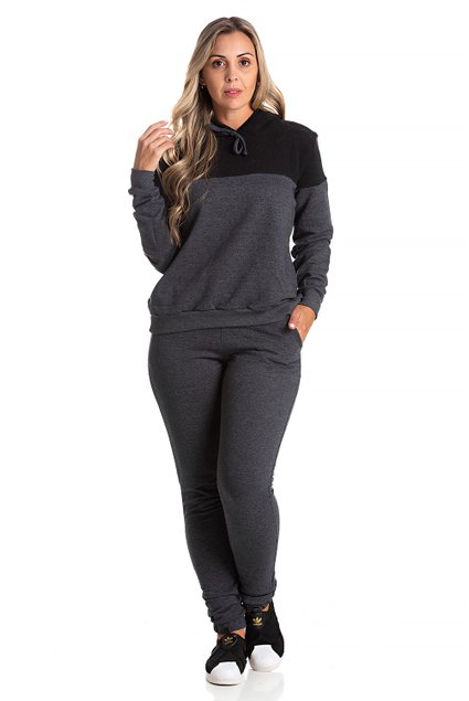 Conjunto Moleton Jeans com Plush Buclê Feminino Nanda Preto