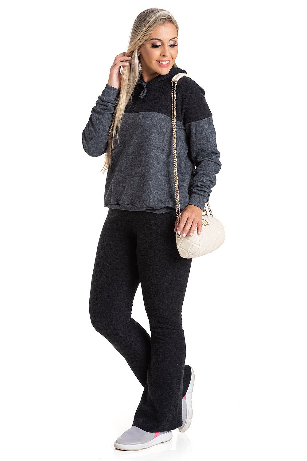 Conjunto Moleton Jeans com Plush Buclê Feminino Kelly Preto