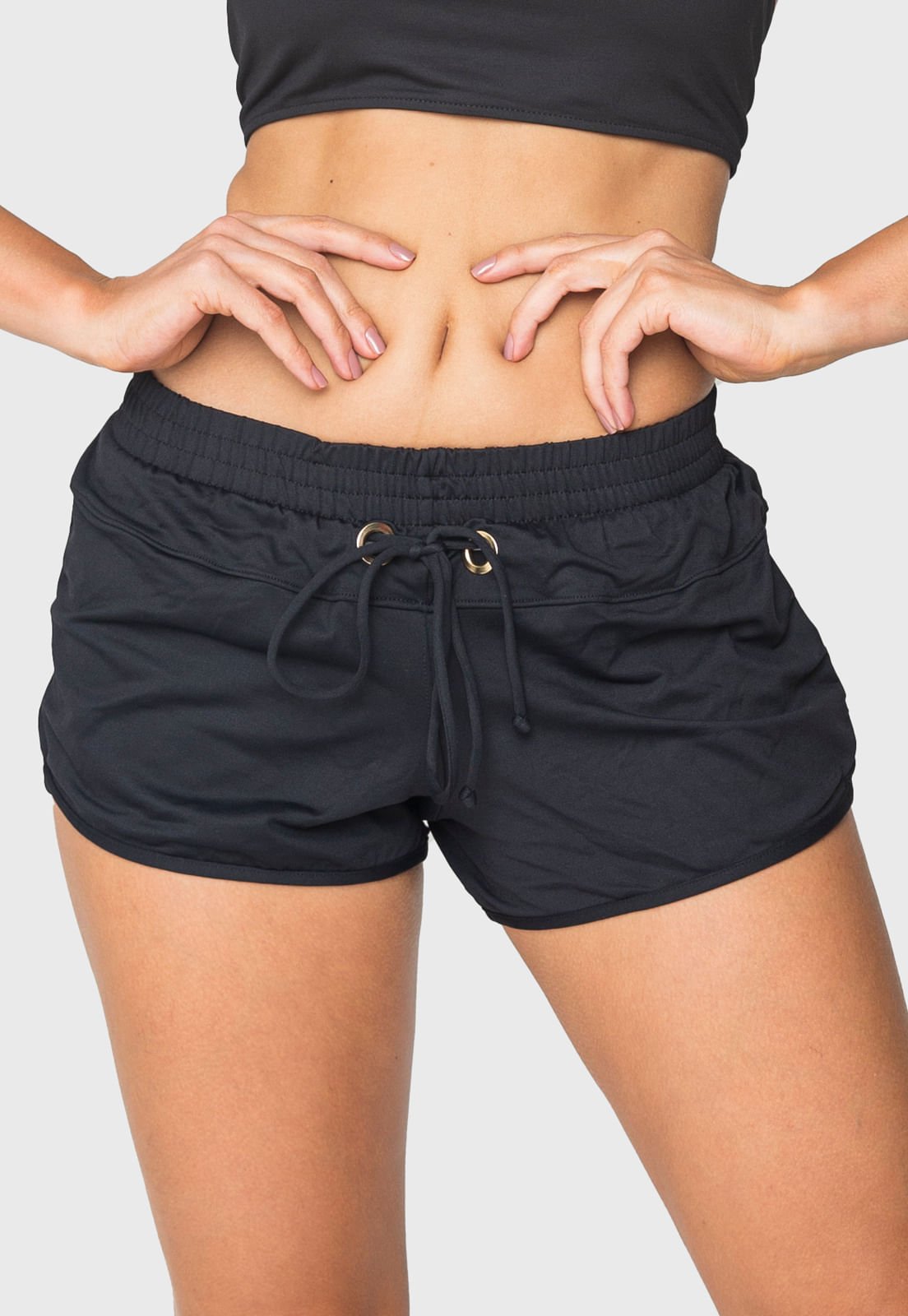 Saída de Praia Shorts Com Ilhós Preto Saída de Praia Shorts Com Ilhós Preto