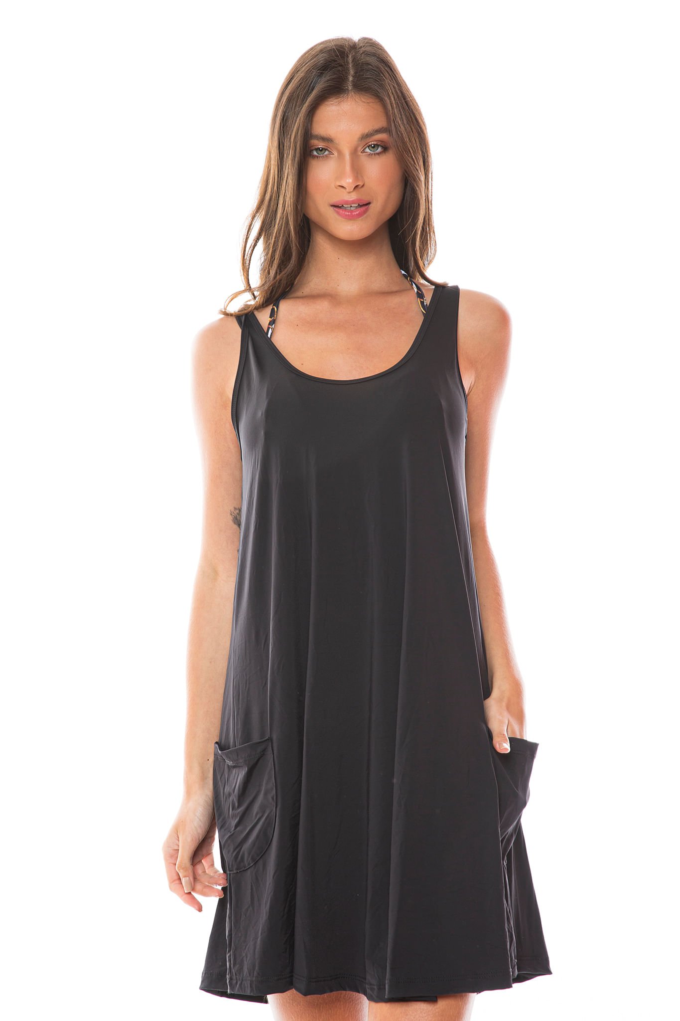 Saída de Praia Vestido Curto Com 2 Bolsos Preto Saída de Praia Vestido Curto Com 2 Bolsos Preto