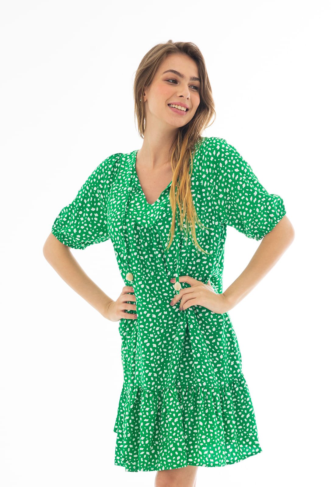 Saída De Praia Vestido com Elástico na Manga Verde Mescla Saída De Praia Vestido com Elástico na Manga Verde Mescla