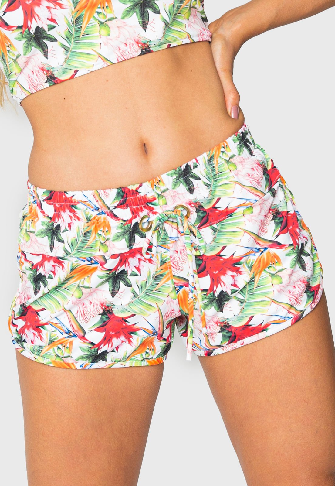 Saída de Praia Shorts Com Ilhós Bromélias Saída de Praia Shorts Com Ilhós Bromélias