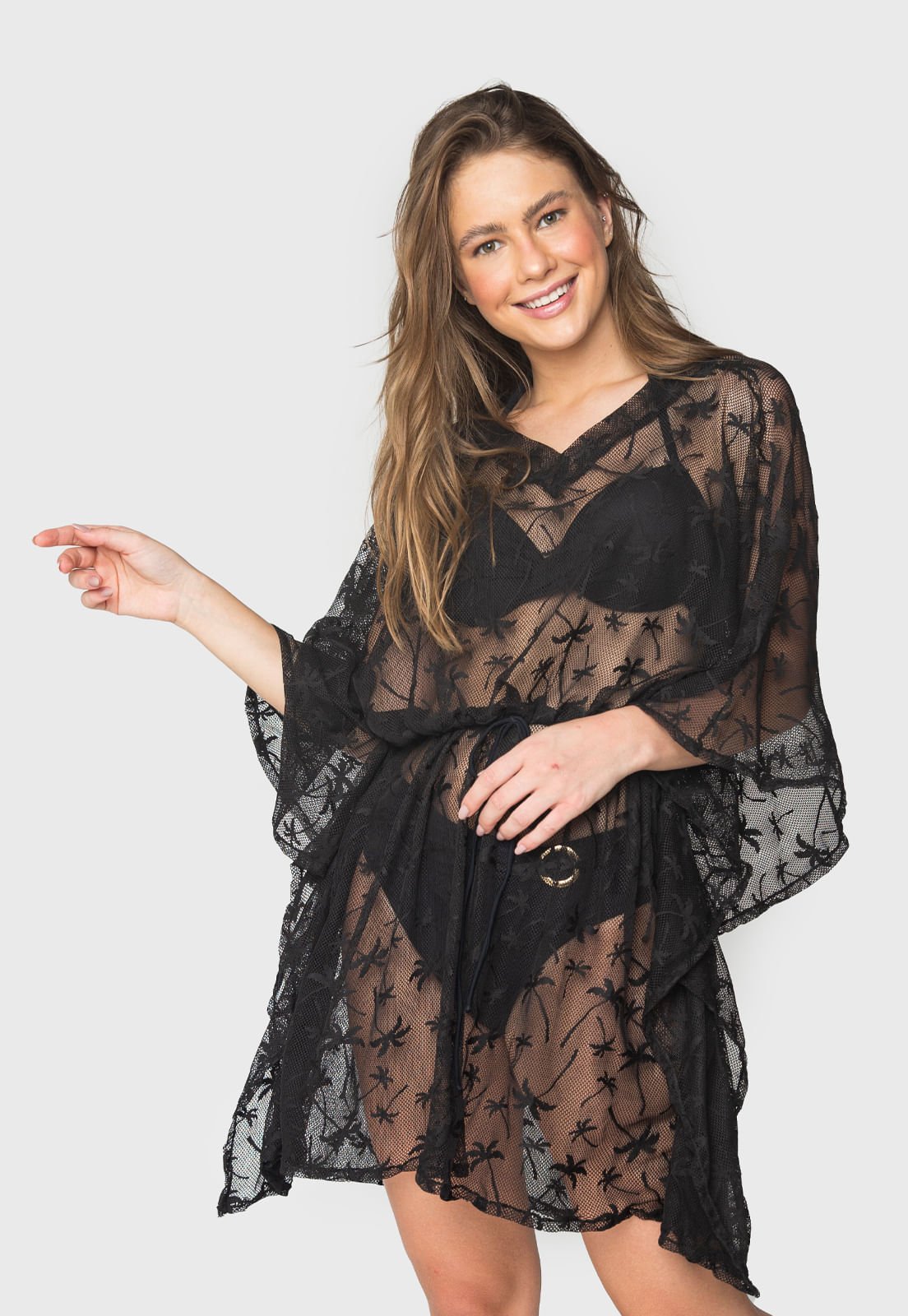 Saída De Praia Curta Estilo Kaftan em Tule Preto Saída De Praia Curta Estilo Kaftan em Tule Preto