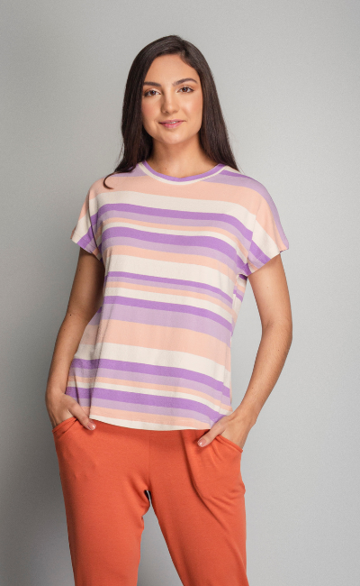 Blusa Feminina Creme Pêssego Listras Blusa Feminina Creme Pêssego Listras