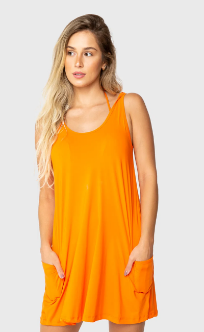 Saída de Praia Vestido Curto Com 2 Bolsos Tangerina Saída de Praia Vestido Curto Com 2 Bolsos Tangerina