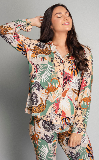 Camisa Básica Manga Longa Pijama Com Botões Selva Camisa Básica Manga Longa Pijama Com Botões Selva