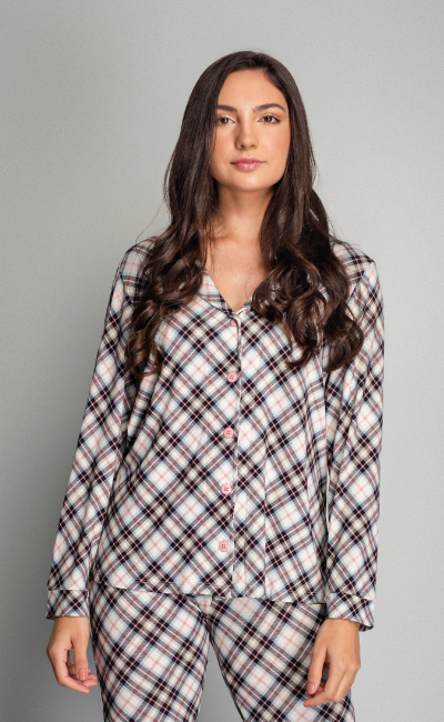 Camisa Básica Manga Longa Pijama Com Botões Xadrez Preto Camisa Básica Manga Longa Pijama Com Botões Xadrez Preto