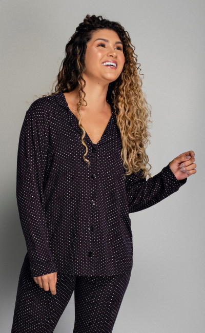 Camisa Básica Manga Longa Pijama Com Botões Bolinhas Camisa Básica Manga Longa Pijama Com Botões Bolinhas
