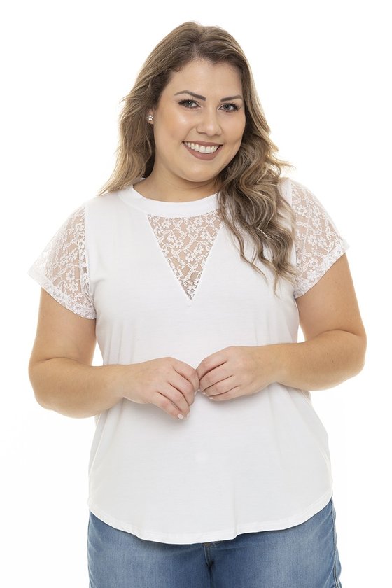 Blusa Feminina Plus Size com Renda no Decote e Ombros - (Preto - Branco)