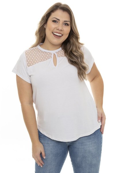 Blusa Feminina Plus Size com Detalhe em Renda - (Preto - Coral - Rose)