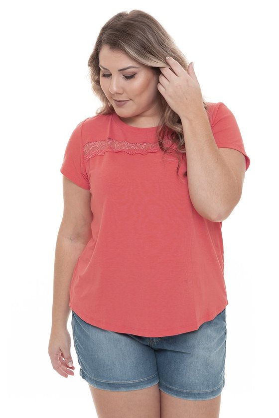 Blusa Feminina Plus Size com Detalhe em Renda - (Preto - Coral - Rose)
