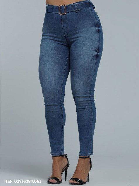 Calça Jeans Cropped com Zíper Lateral + Cinto Edex Jeans Azul