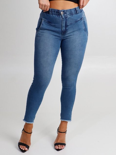 Calça Feminina Jeans Cropped Clássica Elástico no Cós