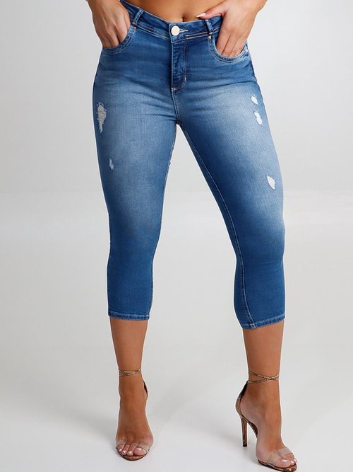Calça Jeans Capri Feminina Extra grande Plus Size Com Elastano Skinny