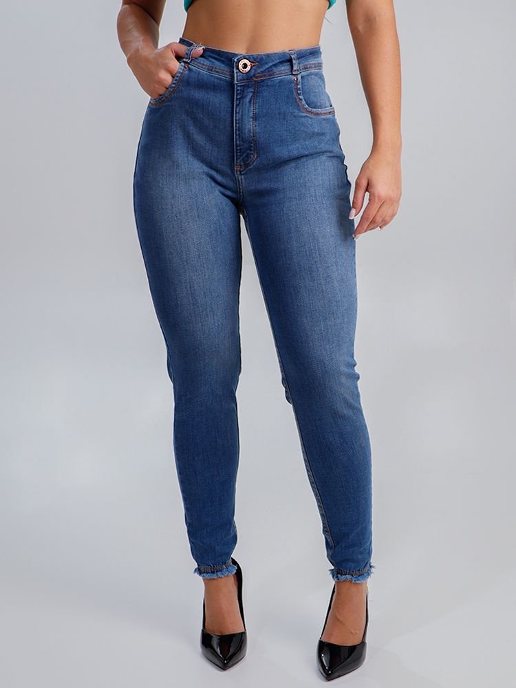 Calça Feminina Jeans Cigarrete Safira Elástico na Barra