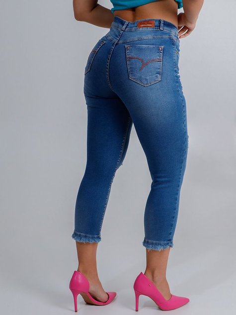 Calça Feminina Jeans Capri Modeladora Niina Safira Barra Dupla