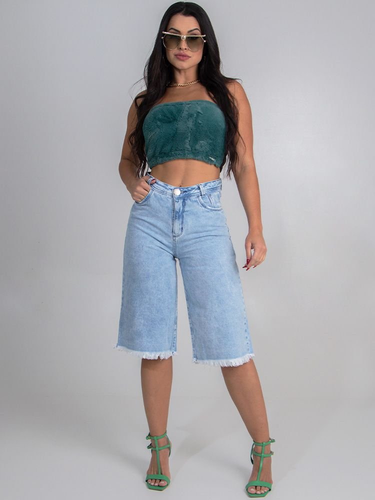 Bermuda Feminina Jeans Wide Destroyed (Azul Claro)