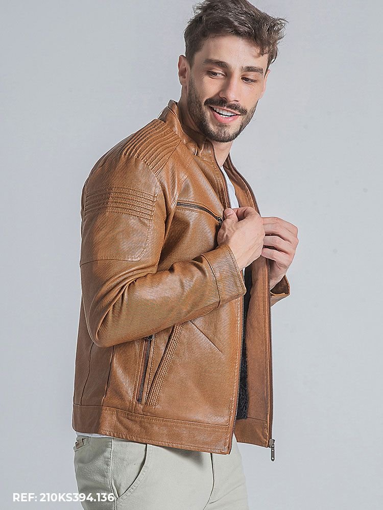 Jaqueta Masculina Couro Ecológico Bolso Frontal Zíper (Preto)