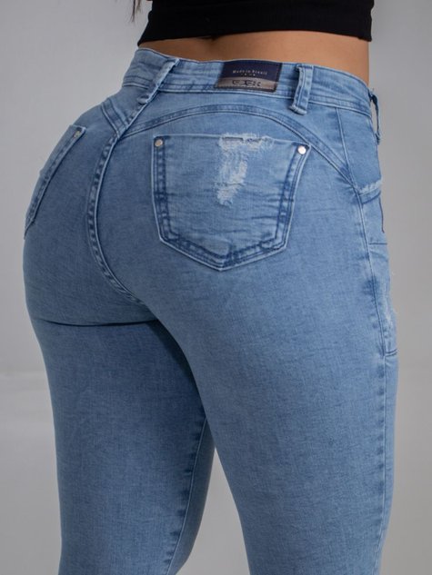 Calça Jeans Cós Intermediário Lycra Modeladora Detalhe Couro