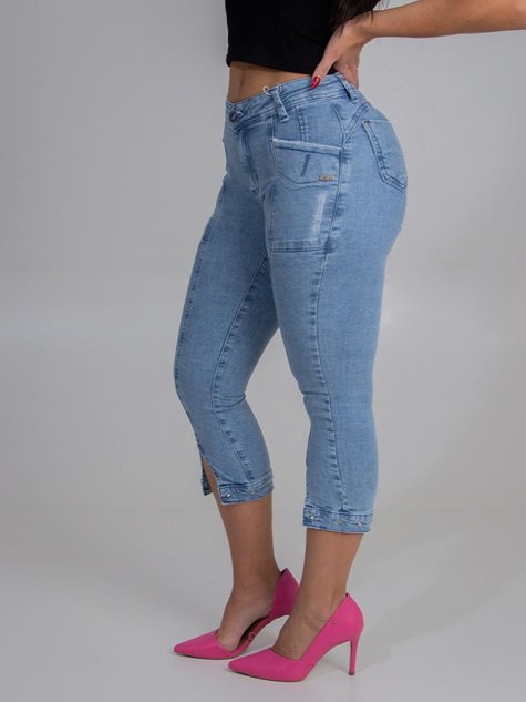 Calça Jeans Capri Modeladora Empina Bumbum Cós Intermediário Azul