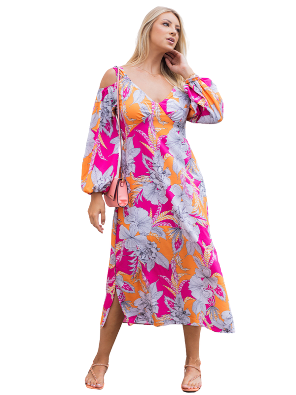 Vestido Maxi Canellado com Ombros Expostos
