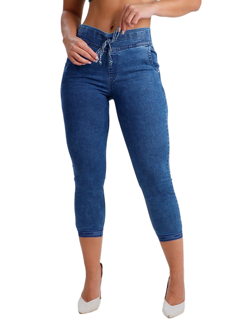 Calça Feminina Jeans Cropped Clássica Elástico no Cós