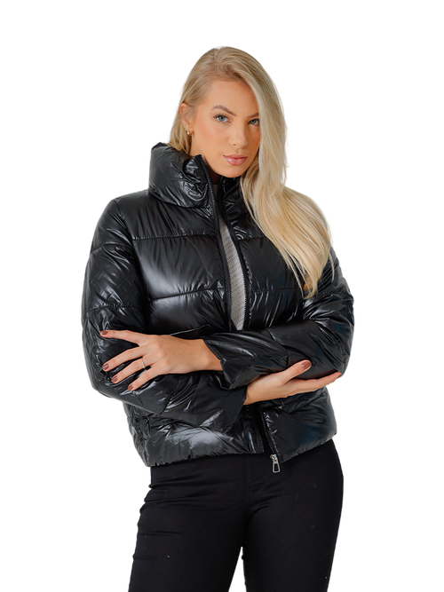 jaqueta preto feminina puffer nylon brilhante