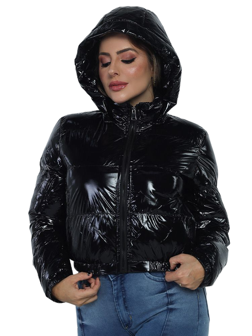 jaqueta bobojaco brilhante com capuz preto