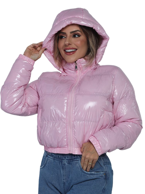 jaqueta bobojaco brilhante com capuz rosa