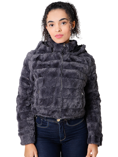 jaqueta feminina curta dupla face nylon pelo cinza
