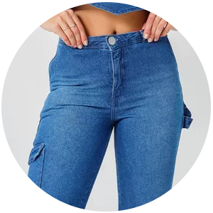 calca feminina jeans larga com bolso