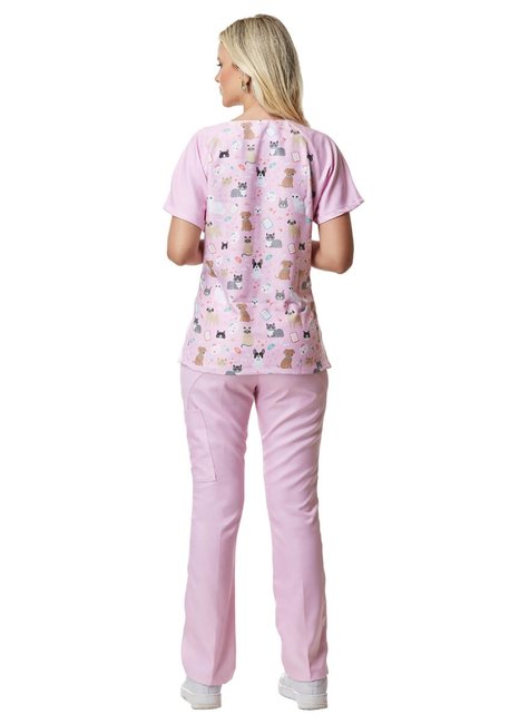 02 scrub pijama cirurgico feminino estampado veterinaria rosa claro