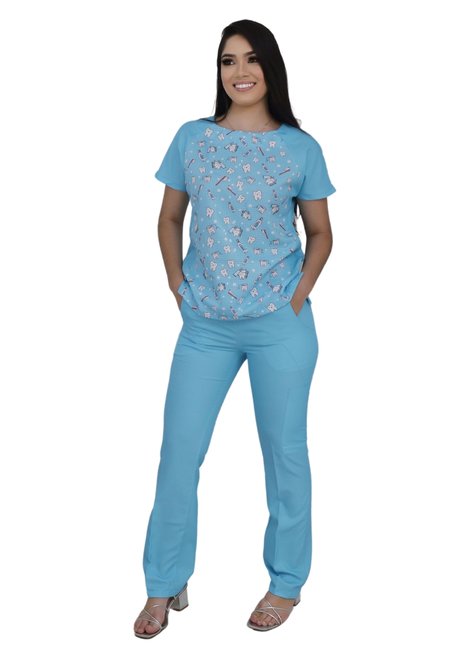 01 scrub pijama cirurgico feminino estampado dentinhos azul